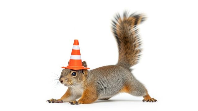 Funny Squirrel Wearing Traffic Cone Helmet on Head Isolated on White Background