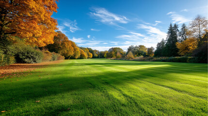 Serene field stretches wide, flawless blue sky, vibrant autumn trees, lush green grass, yellows oranges, calming scene, with copy space