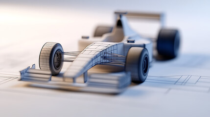 A minimalist render of a racing car on a white background, showcasing a blend of physical form and wireframe design, capturing the essence of speed and technological finesse.