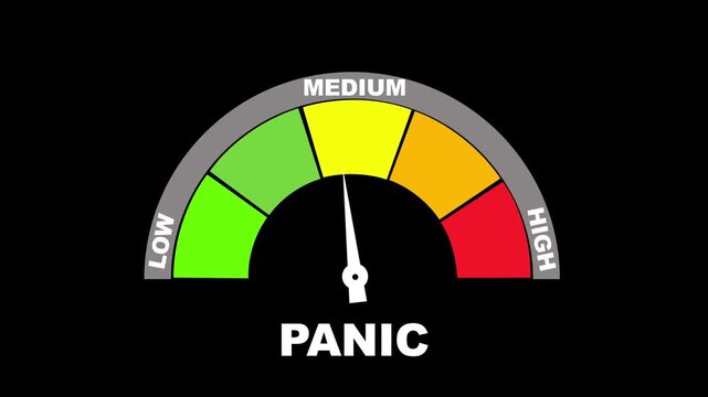 Panic meter showing medium level with red yellow and green zones fear anxiety. 4K motion animation on a black  background alpha channel. HD video motion graphic animation.