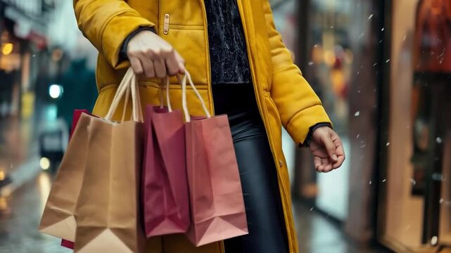 Shopping bags in the hands of a passer-by against an urban backdrop convey the dynamism of shopping, which is ideal for sale advertising banners as an atmospheric background.
