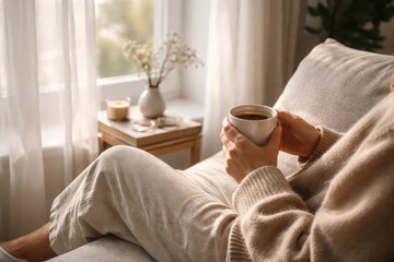 A calm lifestyle moment of an adult person relaxing near a window. Suitable for mental health, wellbeing, mindfulness, slow living, and emotional balance concepts.