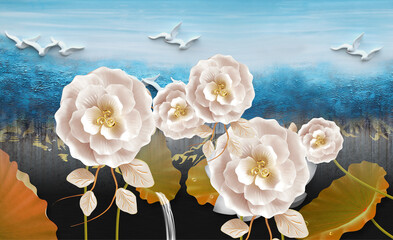 3d illustration of lotus flowers and mountains, flock of yellow birds with the moon.artistic wallpapers for decoration