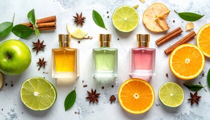Array of perfume bottles surrounded by fruits, spices, and leaves