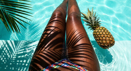 Woman on the swimming pool relaxing and vibing with pineapple floating