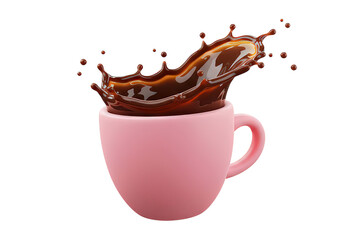 Pink Coffee Cup with Chocolate Splash Captures Dynamic Movement and Rich Flavor Promotes Energizing and Aromatic Beverage on Transparent BG
