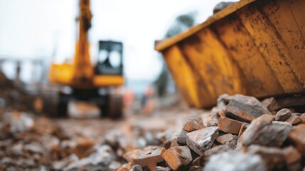 Fototapeta premium A yellow dump truck is parked in front of a pile of rocks