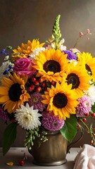 Naklejka premium Vibrant flower arrangement in a copper vase