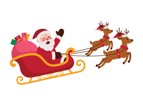 Santa Claus waving from a red sleigh pulled by two reindeer wearing Santa hats christmas.