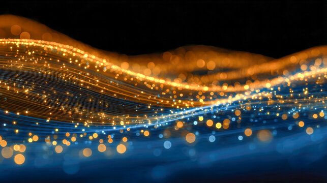 Abstract digital wave of interconnected glowing golden and blue particles flowing smoothly on dark background representing futuristic technology and data network con - Powered by Adobe