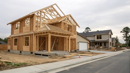 Obraz premium Residential wooden house structure model in residential area