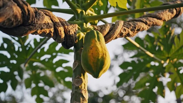 Close up of a papaya fruit hanging on a tree branch with green leaves sunny lighting copy space