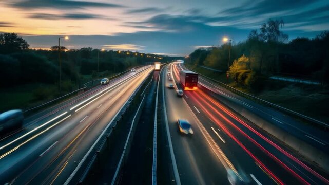 A road at dusk with blurred car tracks conveys dynamism and speed, creating an energetic atmospheric backdrop for transport or travel advertising.
