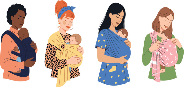 Set of four diverse mothers carrying sleeping babies in various fabric slings and wraps including ring slings and ergonomic carriers in flat vector style.