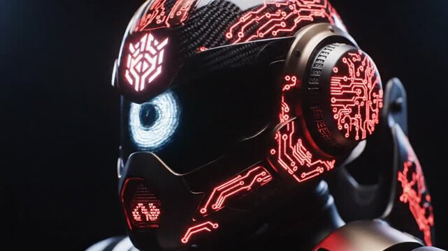 Futuristic helmet with glowing digital display technology and metallic accents against a dark background