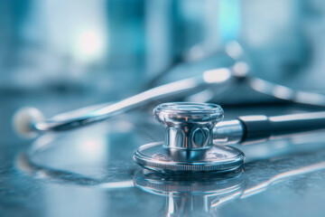 Shiny metallic stethoscope lying on reflective surface with blurred blue background representing medical care and health examination concept