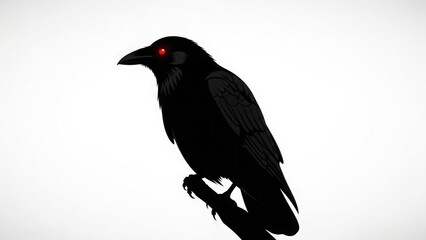 Fototapeta premium A black bird with red eyes perched on a branch viewed from the side against a white background