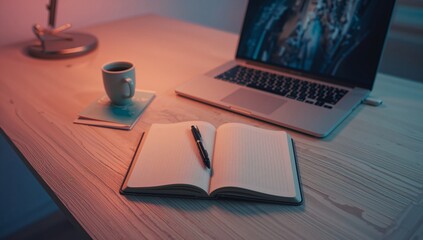 Work Desk With Open Notebook, Pen, Coffee Cup, and Laptop During Evening
