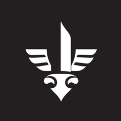A minimalist vector graphic design featuring a stylized emblem with wings, a sword, and decorative elements.
