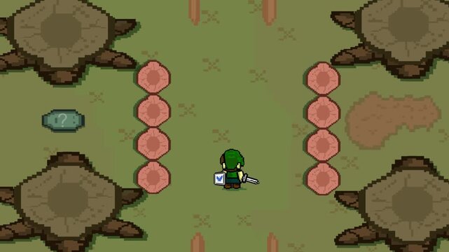 Pixel art style animation of a game featuring a boy with a sword and shield walking on a forest map, Vintage, 2D, art, game.