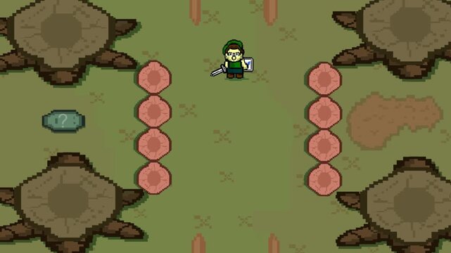 Pixel art style animation of a game featuring a boy with a sword and shield walking on a forest map, Vintage, art, game.