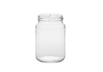 Empty, crystal-clear, wide-mouth glass jar with threaded rim, centered on a seamless transparent background, diffused studio lighting, pristine product presentation