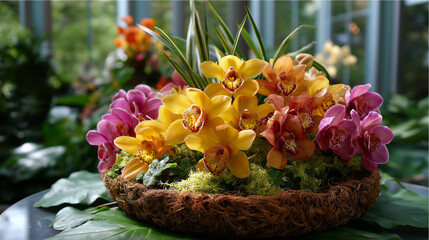 Vividly colored orchids in bloom, floral arrangement backgrounds, tropical flowers, botanical display, decorative plants, with copy space