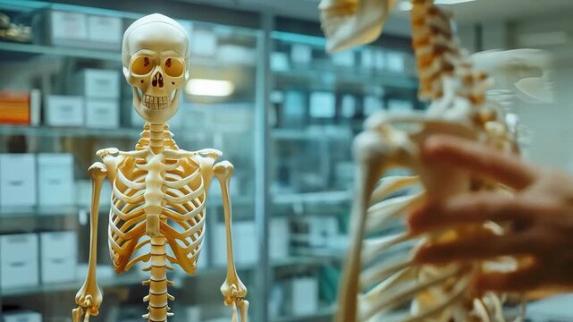 The doctor demonstrates a model of the spine and skeleton for teaching anatomy, emphasising the importance of medical knowledge in the atmospheric background of educational materials.
