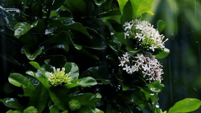 Rain falling on white ixora flowers and green leaves in a dark moody garden with bokeh background