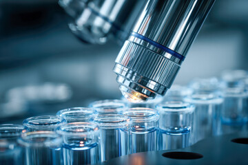 High-tech laboratory microscope examining test tubes filled with blue liquid for advanced scientific research and experimentation in a clinical setting