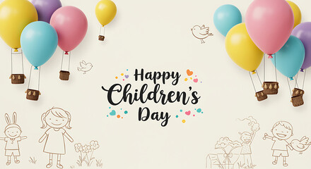 Happy Childrens Day celebration with colorful balloons and kids illustrations