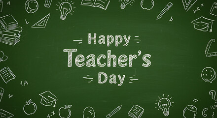 Happy Teachers Day message on green chalkboard with educational icons