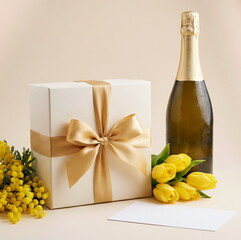 Greeting card mockup, gift box, yellow  spring flowers tulip and mimosa, champagne bottle on beige background with copy space. Holiday concept, Valentine's day, birthday, Women's day , 8 march,present