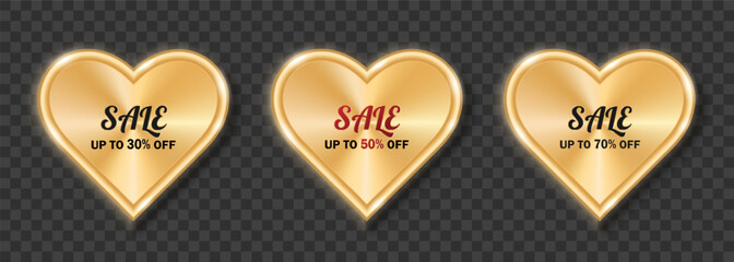 A set of three golden hearts with the words sale on a dark transparent background. Valentine's Day sale. Vector illustration.