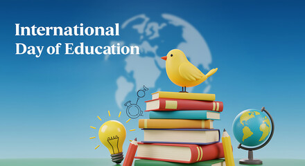 International Day of Education concept with books globe bird and light bulb on blue background