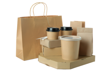 Takeaway food and drinks assortment on transparent background kraft paper bag boxes cups fast food packaging containers delivery service restaurant concept