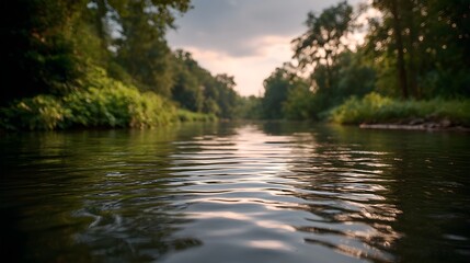 A serene river flows gently through a lush green forest during the golden hour with soft light reflecting on the rippling water surface
