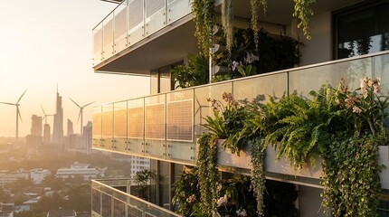 Modern Balcony with Lush Plants Overlooking City Skyline