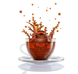Tea splash in transparent glass cup with splashing tea drops a refreshing and aromatic beverage in 3d rendering on a white saucer 181 characters