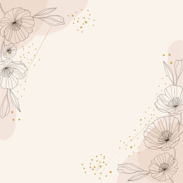 Minimalist poppy floral frame vector with golden glitter stippling and hand drawn line art on a peach background.