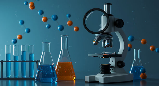 Laboratory equipment with microscope and colorful molecular models on a blue background - Powered by Adobe