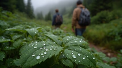Dew covered green leaves in the foreground with two hikers on a misty forest trail behind