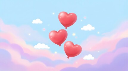 Three Heart Balloons Floating in Sky with Clouds