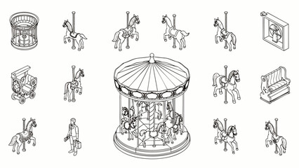 Isometric Carousel and Merry-Go-Round Elements Vector Line Art Collection. Vintage Amusement Park Ride Icons Set for Fairground Entertainment Design. © Indhgraphy Visual