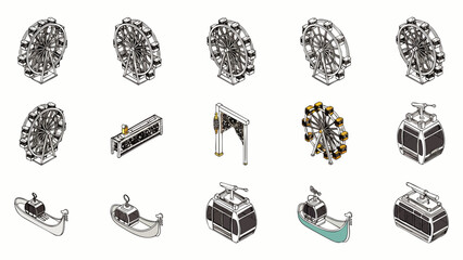 Set of isometric icons of amusement park rides, ferris wheel, cable car, and boat on white background © Indhgraphy Visual