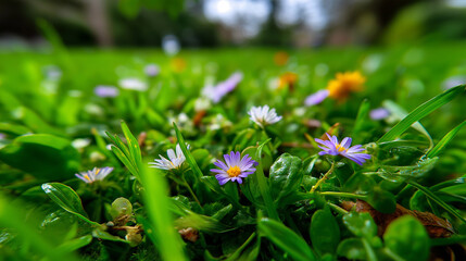 Lush green grass adorned with blooming flowers, nature-themed wallpapers, meadow beauty, botanical landscape, floral ground cover, with copy space