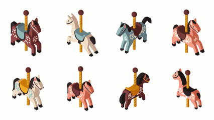 Collection of eight colorful carousel horses with decorative saddles and poles, isolated on white background © Indhgraphy Visual