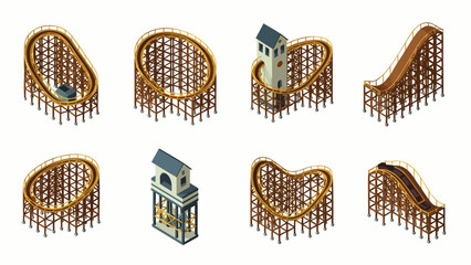 Collection of isometric wooden roller coaster designs, showcasing thrilling curves, drops, and loops for amusement park fun © Indhgraphy Visual