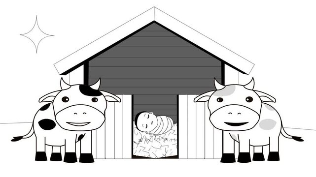 Animated video in Cartoon-style drawing with two cows and baby Jesus in a barn in black and white, Christmas, art, 2D.