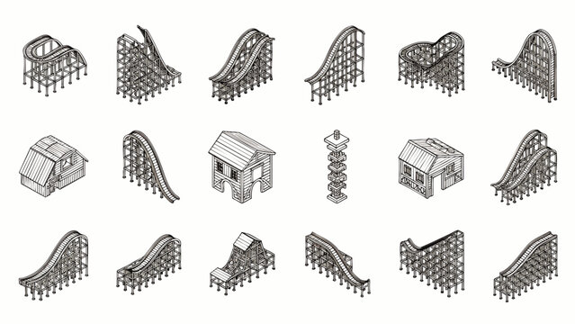 Collection of isometric roller coaster elements and amusement park attractions in black and white sketch style